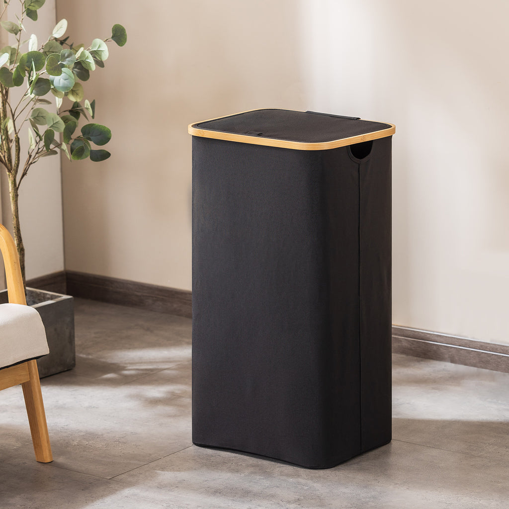 Laundry Hamper with Lid, Tall Laundry Baskets with Bamboo Pull Handles, Large Laundry Bin with Internal Support