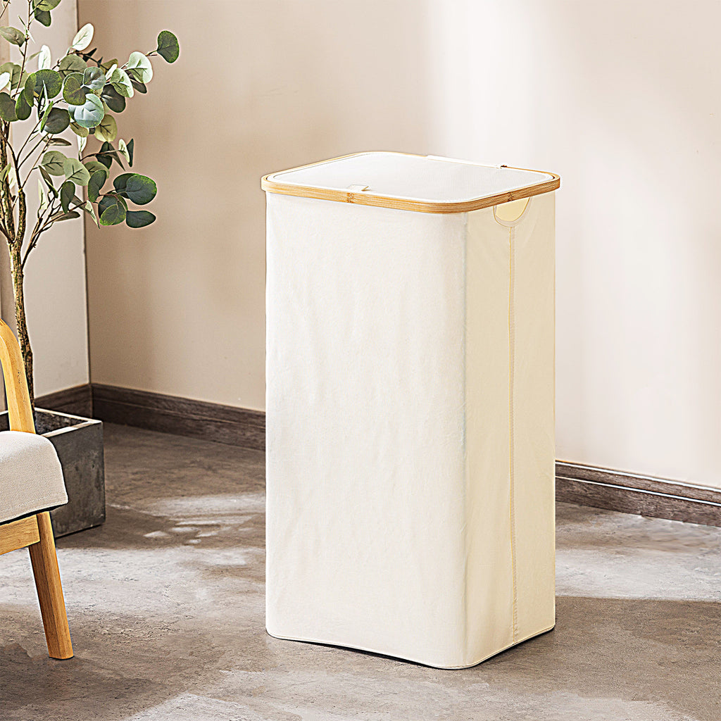 Laundry Hamper with Lid, Tall Laundry Baskets with Bamboo Pull Handles, Large Laundry Bin with Internal Support