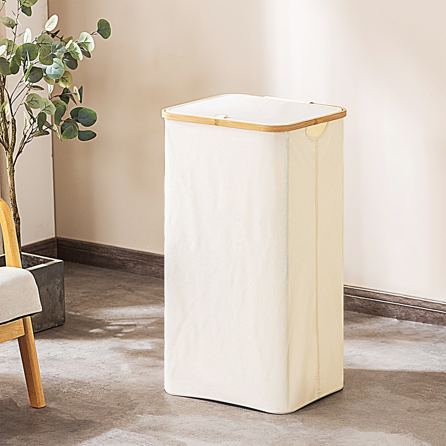 Laundry Hamper with Lid, Tall Laundry Baskets with Bamboo Pull Handles, Large Laundry Bin with Internal Support