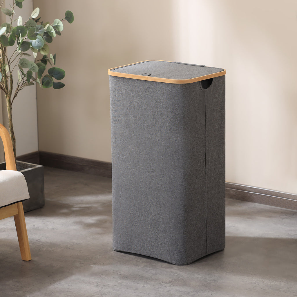 Laundry Hamper with Lid, Tall Laundry Baskets with Bamboo Pull Handles, Large Laundry Bin with Internal Support