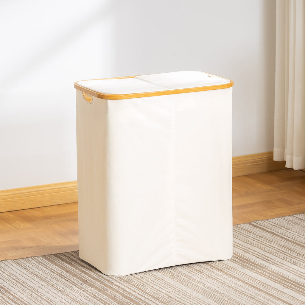 Laundry Hamper with Lid, Tall Laundry Baskets with Bamboo Pull Handles, Large Laundry Bin with Internal Support