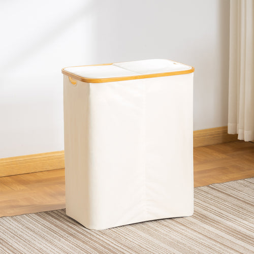 Laundry Hamper with Lid, Tall Laundry Baskets with Bamboo Pull Handles, Large Laundry Bin with Internal Support