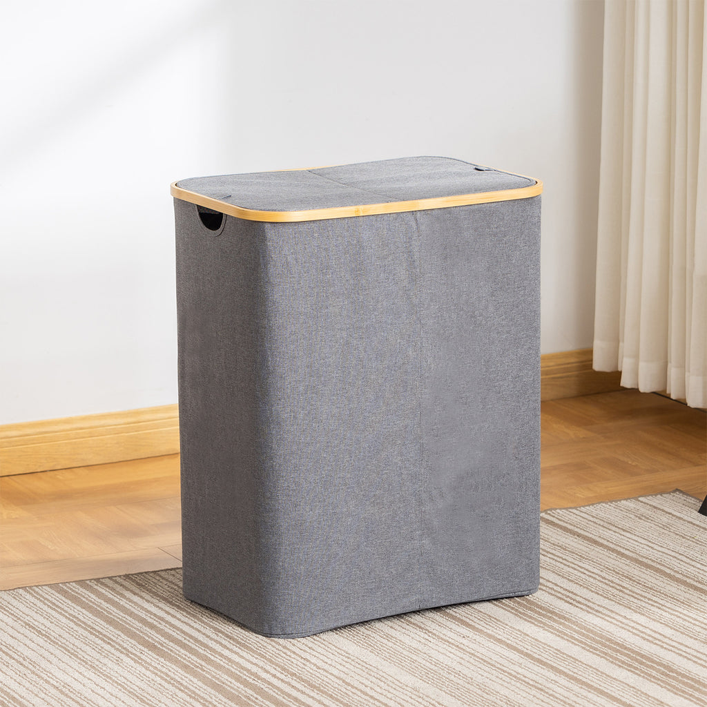 Laundry Hamper with Lid, Tall Laundry Baskets with Bamboo Pull Handles, Large Laundry Bin with Internal Support