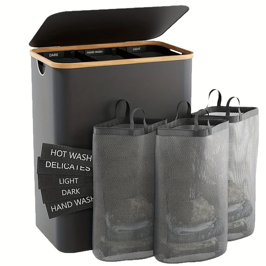 Laundry Hamper with Lid, Tall Laundry Baskets with Bamboo Pull Handles, Large Laundry Bin with Internal Support