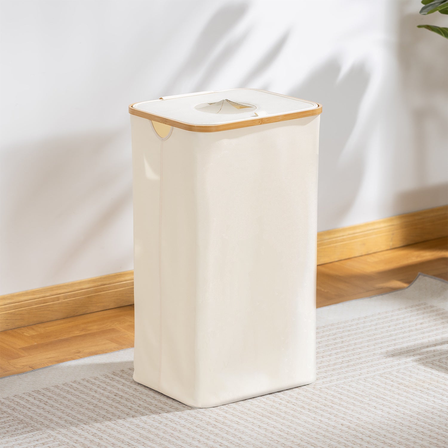 Laundry Hamper with Lid, Tall Laundry Baskets with Bamboo Pull Handles, Large Laundry Bin with Internal Support