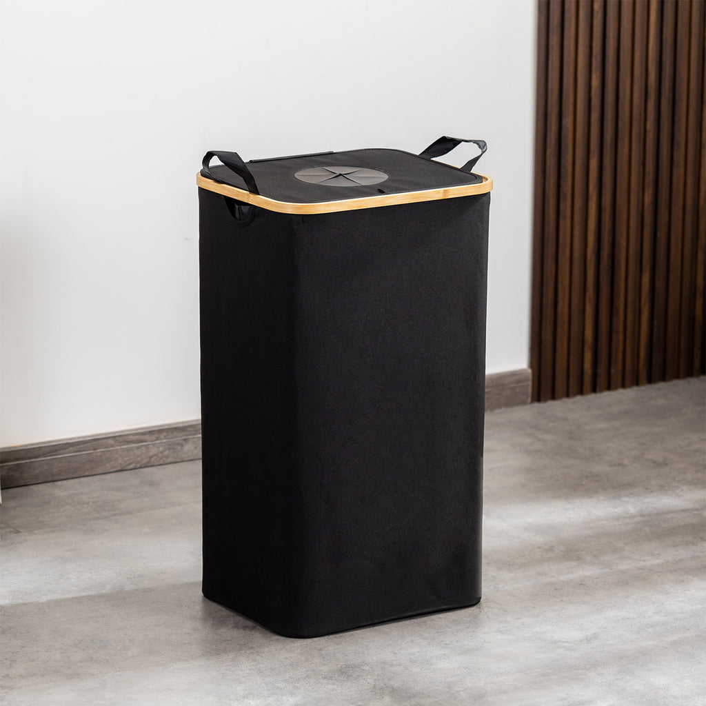 Laundry Hamper with Lid, Tall Laundry Baskets with Bamboo Pull Handles, Large Laundry Bin with Internal Support