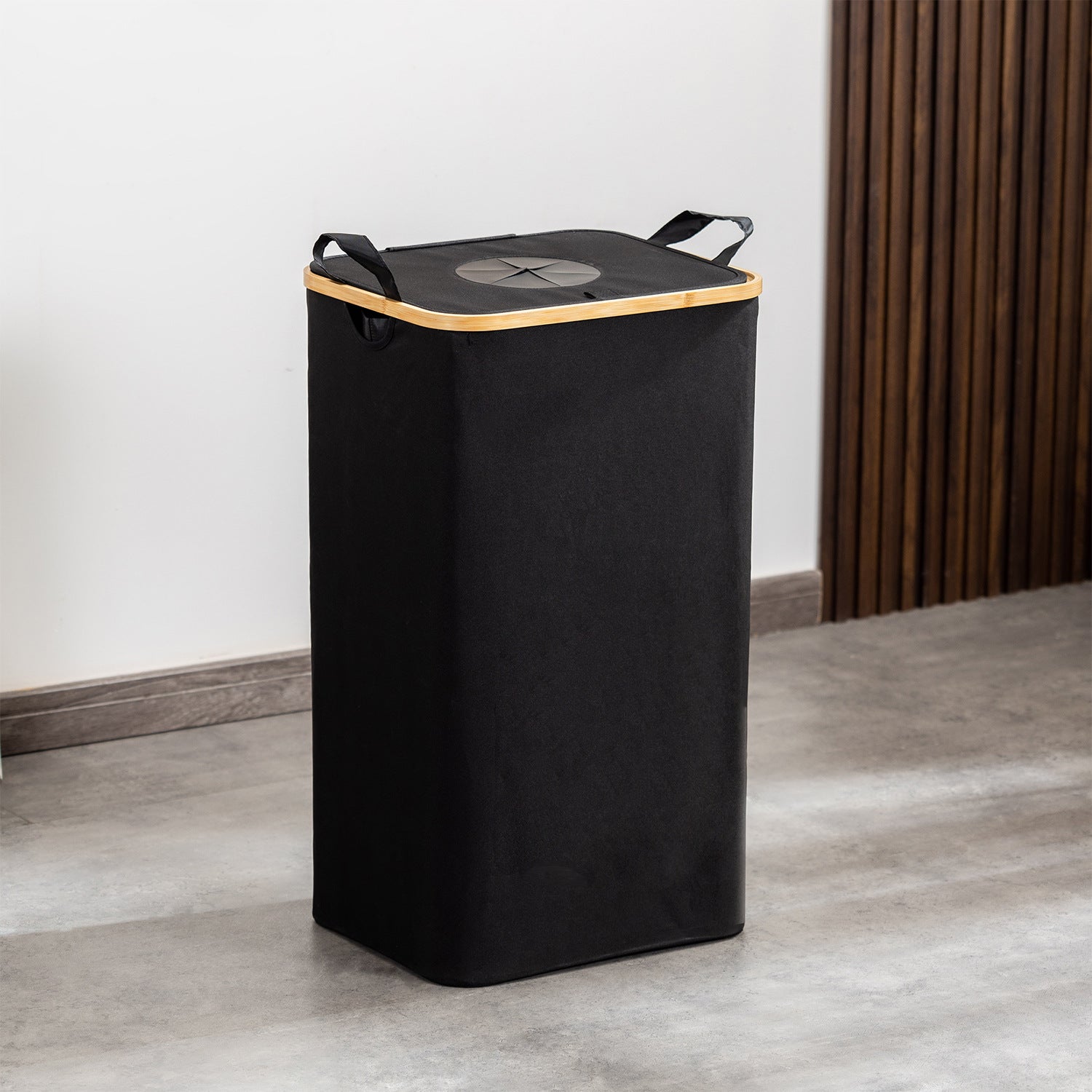 Laundry Hamper with Lid, Tall Laundry Baskets with Bamboo Pull Handles, Large Laundry Bin with Internal Support