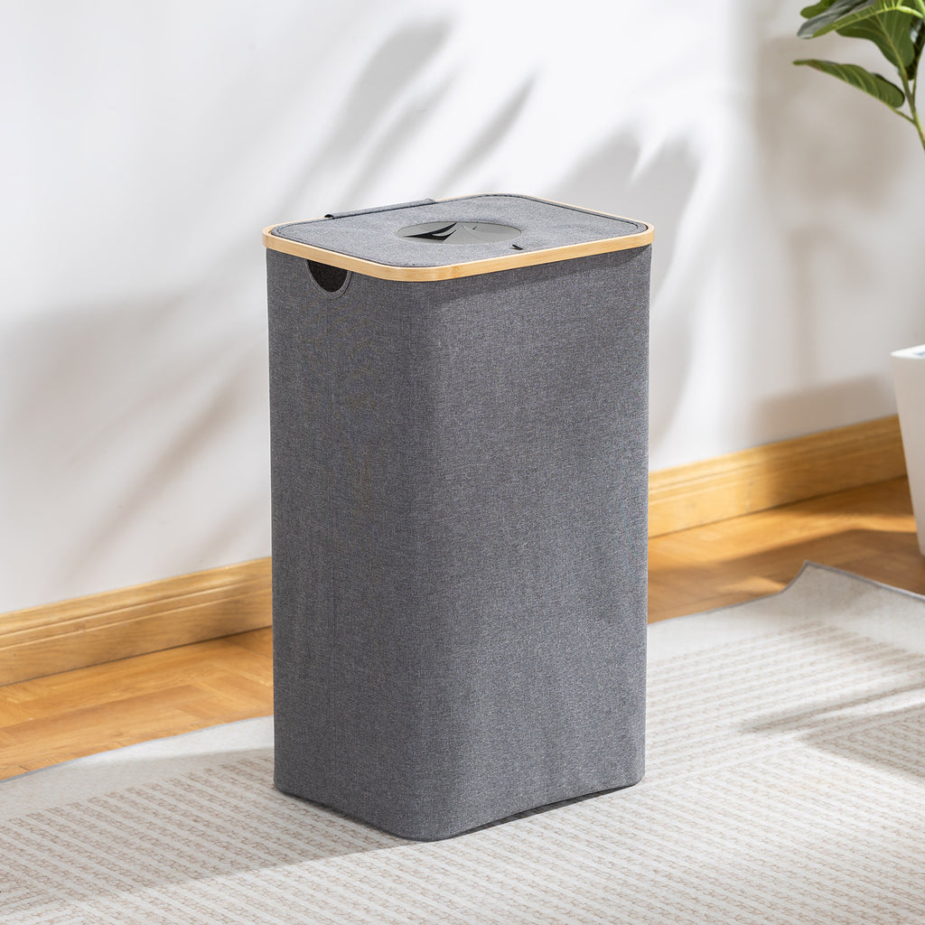 Laundry Hamper with Lid, Tall Laundry Baskets with Bamboo Pull Handles, Large Laundry Bin with Internal Support